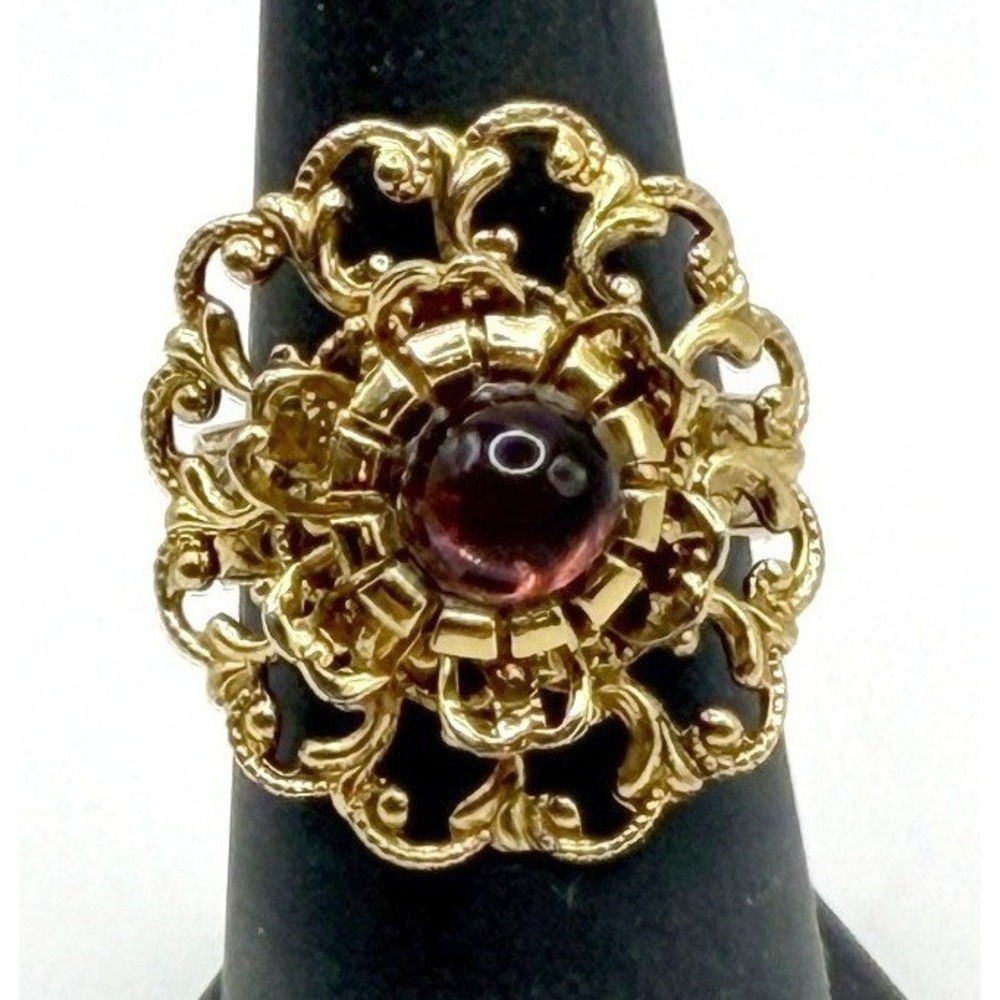 Gold Tone Rose Cabochon Filigree Ring Adjustable Vintage Style Size 7–7.5